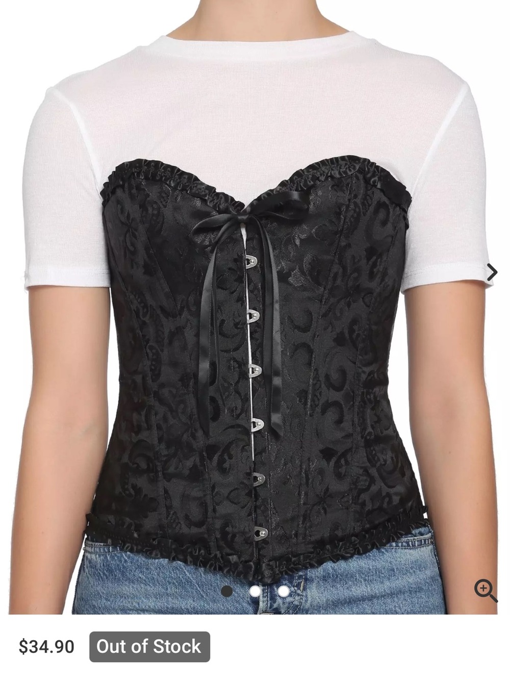 HOT TOPIC Black Jacquard Lace-Up Bustier Corset w/ Lace & Ruffle Accents, MD